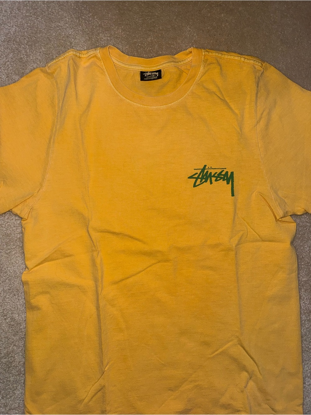 Stussy Yellow Tee with Green Script Logo and image on back